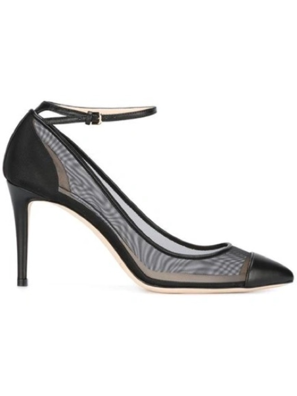 Jimmy Choo Black Leather and Beige Mesh Heels With Ankle Strap